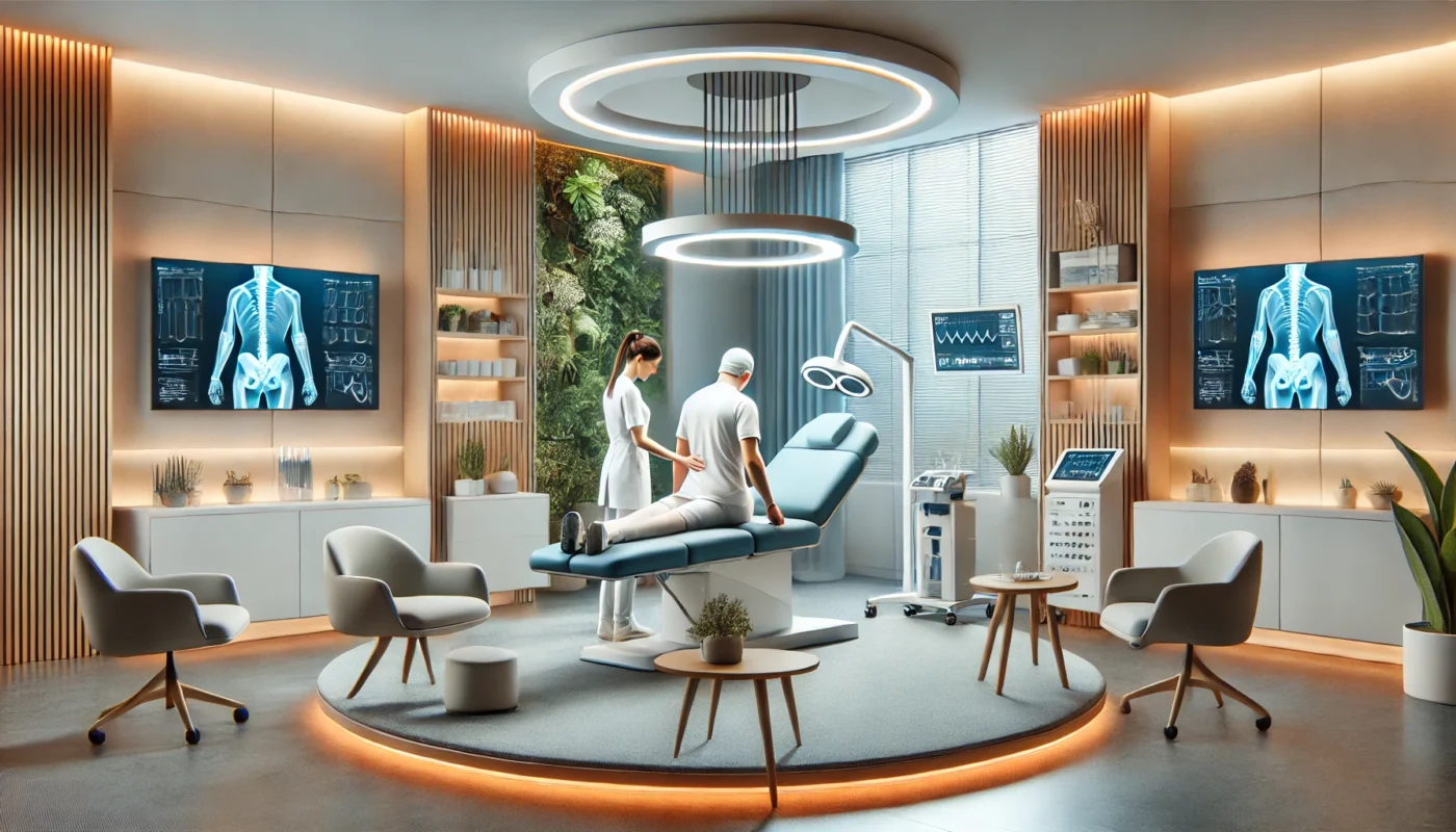 A serene and modern medical clinic specialized in chronic pain medical procedures, showcasing a patient undergoing a non-invasive therapy session with a healthcare professional in a clean, innovative, and calming environment.