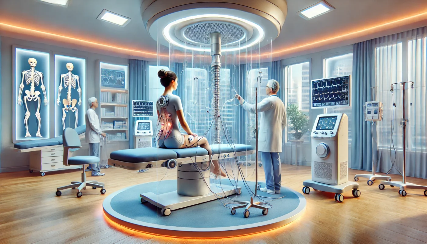 "A widescreen digital illustration of a modern medical setting featuring an advanced spinal cord stimulator procedure for chronic pain management. The scene depicts a serene clinical environment with high-tech equipment and patient-centered care." Let me know if you'd like more images or adjustments!