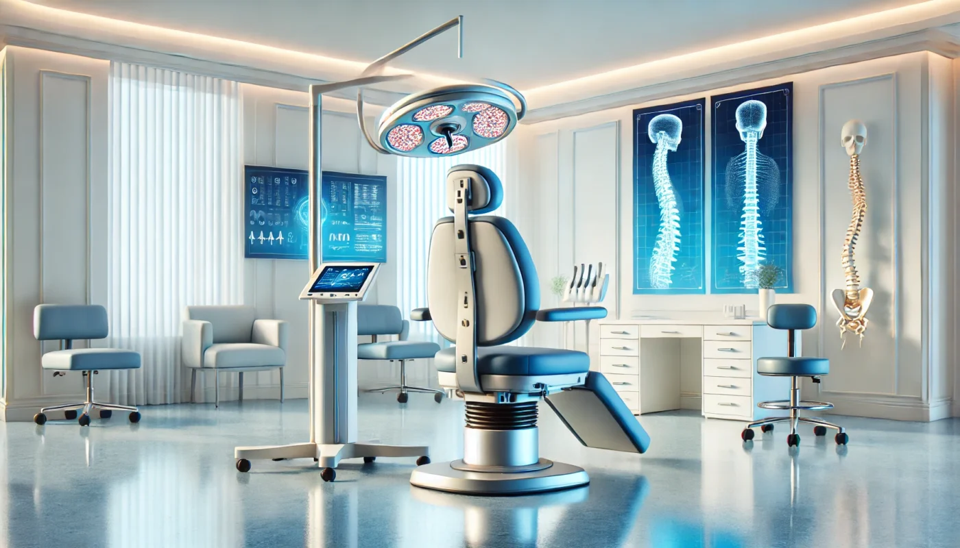 "A serene, widescreen digital illustration of a modern medical clinic featuring advanced spinal examination equipment, a minimalist design, and calming blue and white tones, showcasing a chronic pain medical procedure environment."