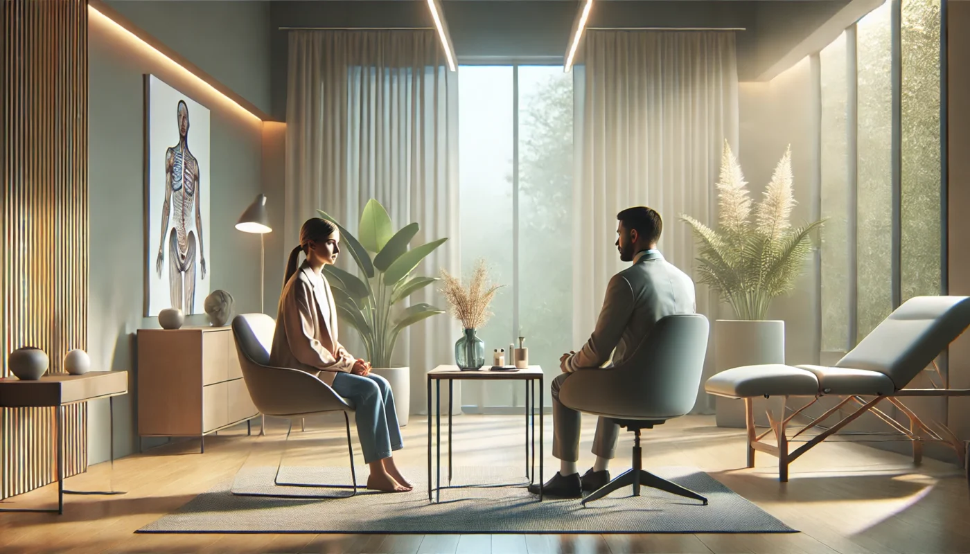 "A serene, modern therapy room where a professional pain management therapist engages with a patient. The room features soft lighting, ergonomic furniture, and natural elements like indoor plants, creating a tranquil and supportive environment."