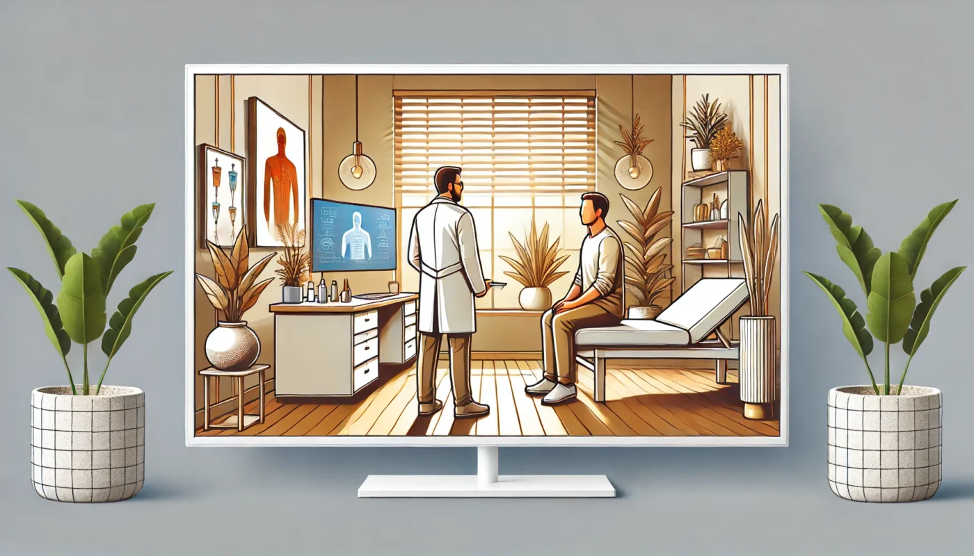 Here's an illustration of a serene and modern pain management clinic, showcasing a professional pain therapist consulting a patient in a calming environment with natural light and warm tones.