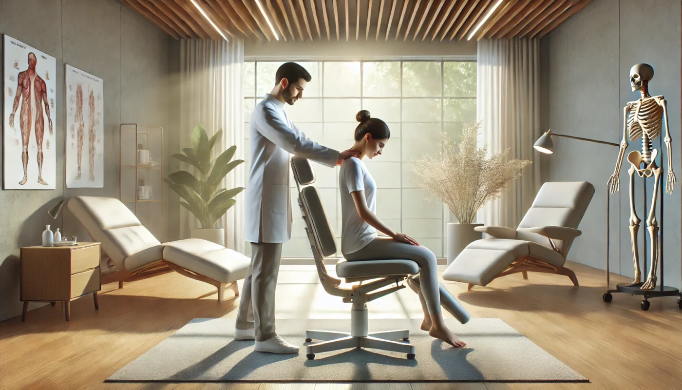 Here is a widescreen digital illustration depicting a professional pain therapist working with a patient in a modern and serene clinic setting. The scene highlights care, expertise, and a holistic approach to pain management.