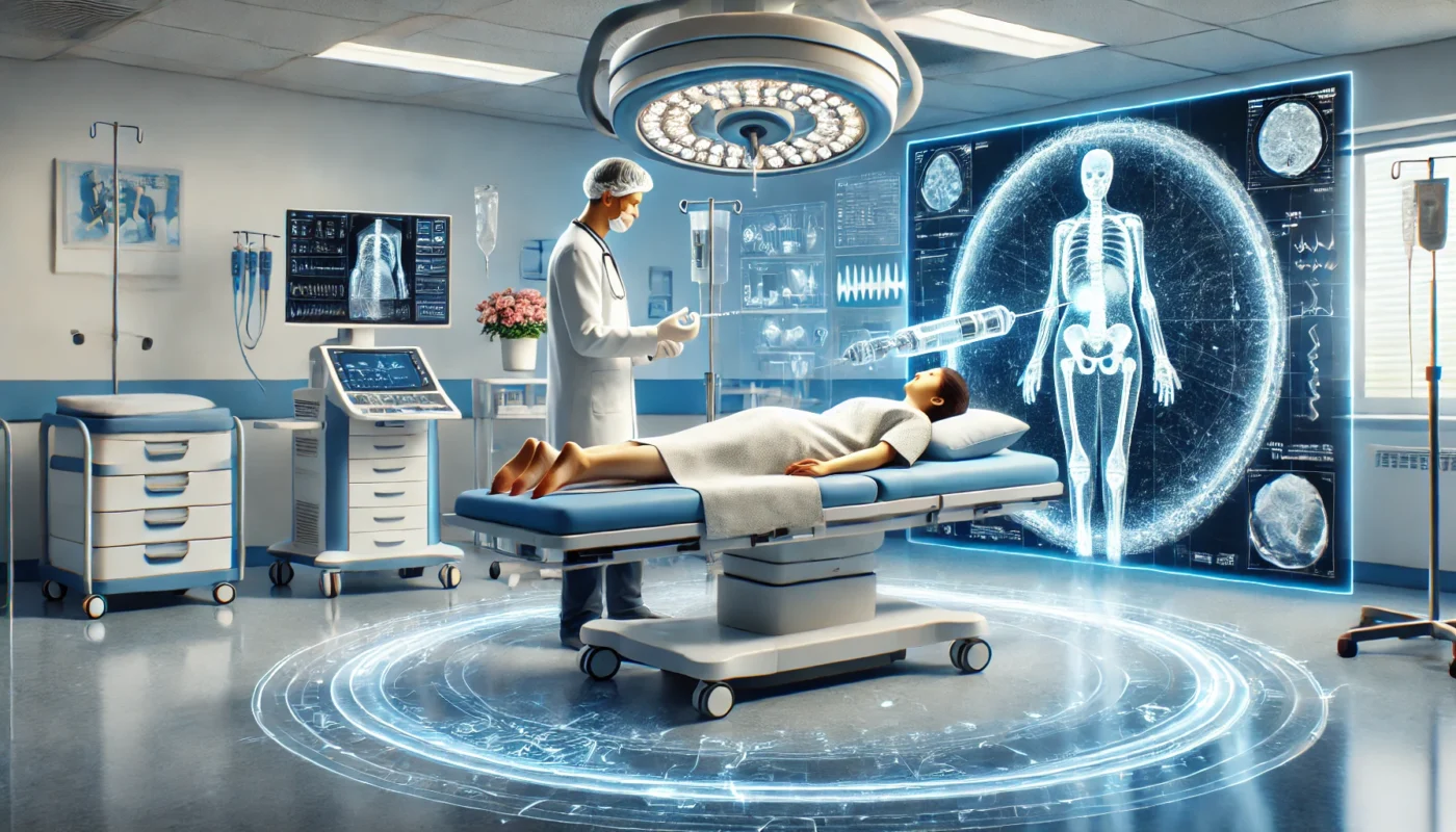 "A patient receiving a chronic pain medical procedure in a modern inpatient treatment center, with a healthcare professional using advanced imaging technology for precision and care."