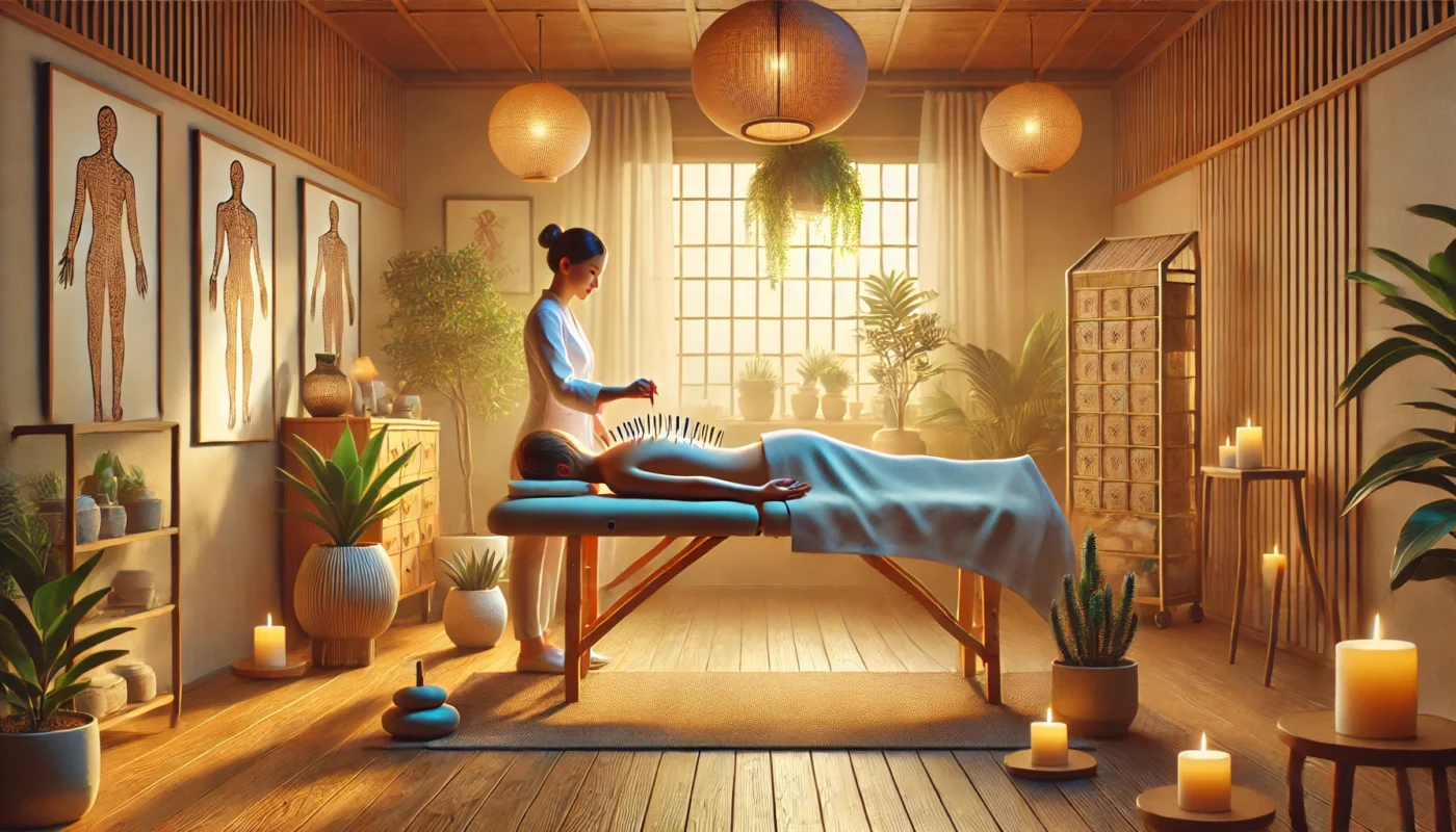 Here is a visual representation featuring an acupuncturist performing a chronic pain medical procedure in a serene wellness setting. The scene showcases a holistic approach to pain relief, highlighting the interconnectedness of body and mind.