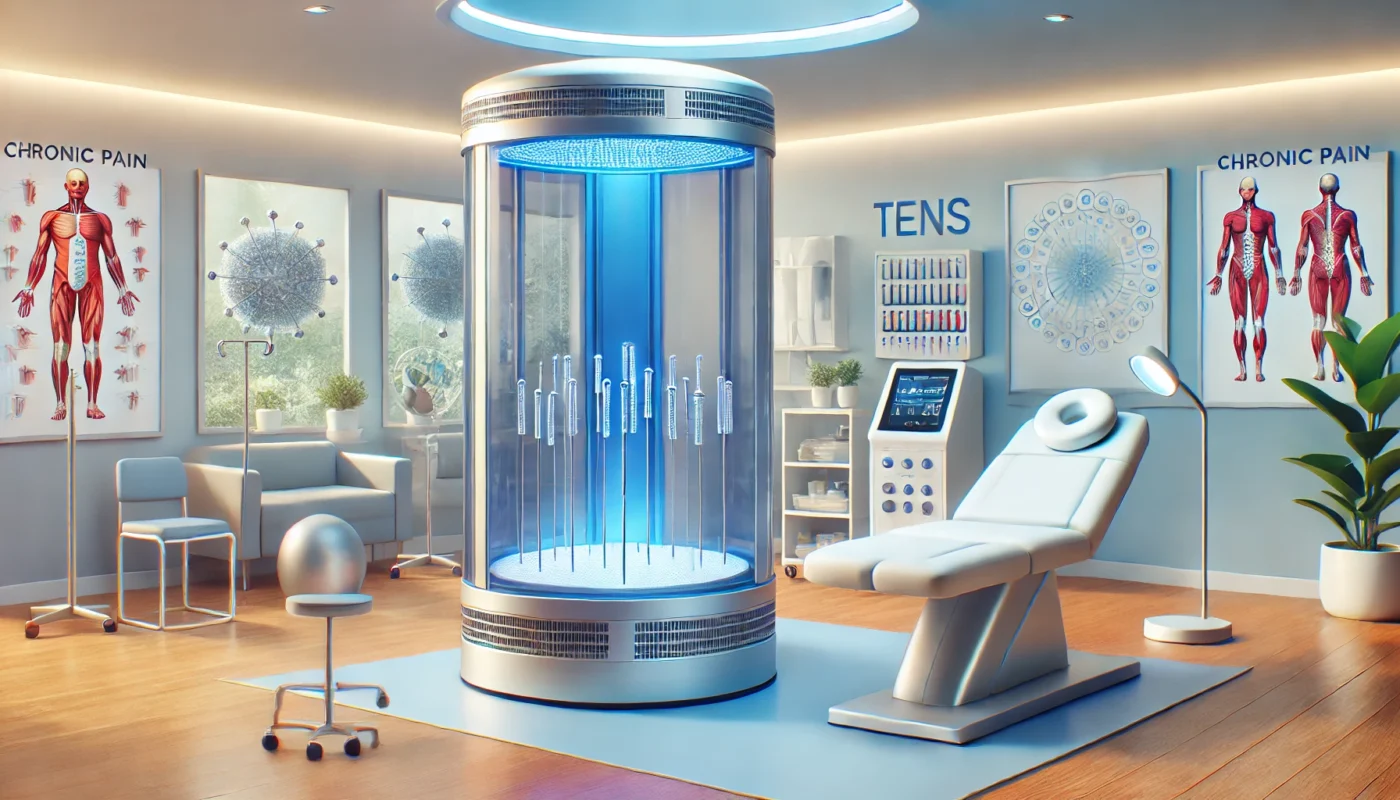 "A widescreen digital illustration of a modern medical room featuring advanced chronic pain medical procedures. The setup includes a cryotherapy chamber, a TENS device, and an acupuncture setup with thin needles placed precisely. The atmosphere is bright and serene, highlighting cutting-edge technology in pain management."