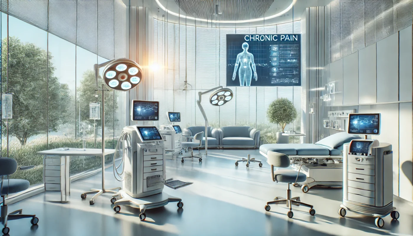 "A high-tech, serene medical clinic specializing in chronic pain medical procedures, featuring advanced medical equipment, natural lighting, indoor plants, and a minimalist design to emphasize patient comfort and innovation."