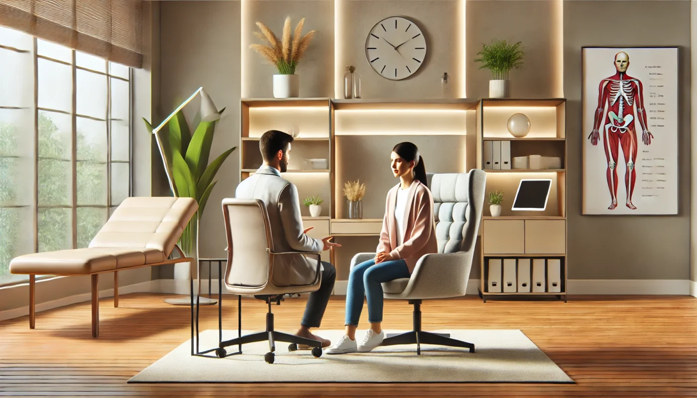 "A professional pain therapist consulting with a patient in a modern wellness clinic. The serene office features soft ambient lighting, a stylish ergonomic chair, anatomical charts, and a therapy bed by the window. The therapist attentively listens, offering a personalized pain management plan in a calm and inviting healthcare setting."