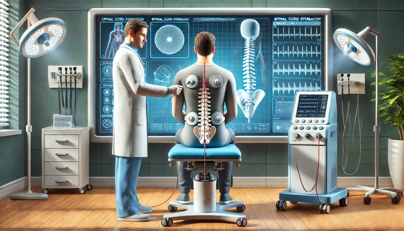 "A patient receiving spinal cord stimulation therapy for chronic pain management in a modern clinical setting, with a healthcare professional adjusting the device for personalized care."