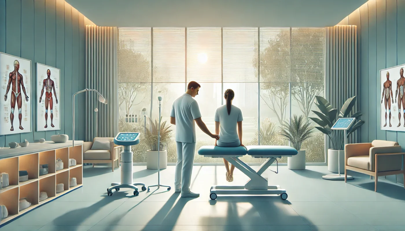 "A pain therapist evaluating a patient's posture in a modern rehabilitation clinic. The well-lit therapy room features anatomical charts, digital diagnostic tools, and a serene atmosphere designed for effective pain management and recovery."