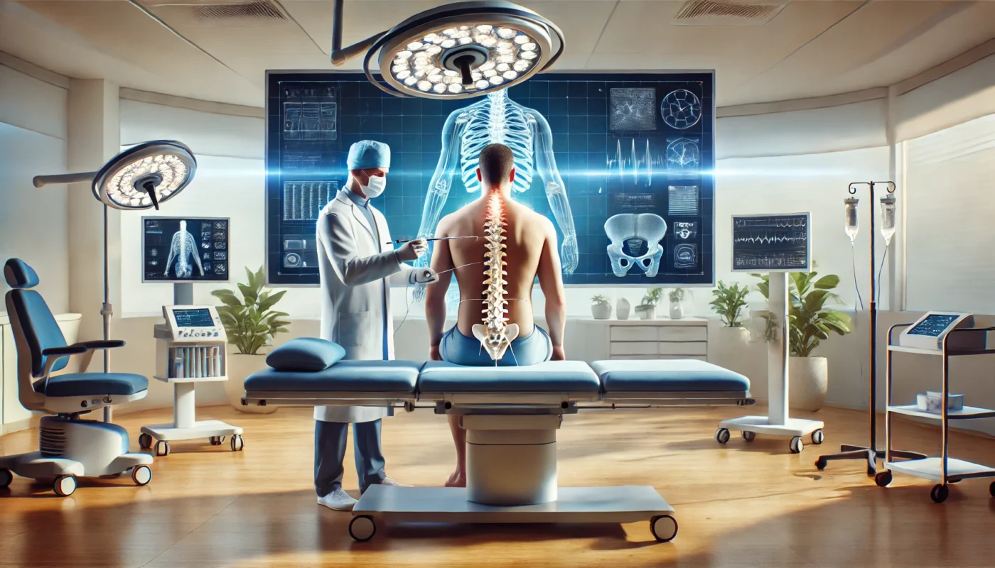 "A healthcare professional performing a spinal cord stimulation procedure for chronic pain relief in a modern clinical setting, using advanced tools to implant the device with precision and care."