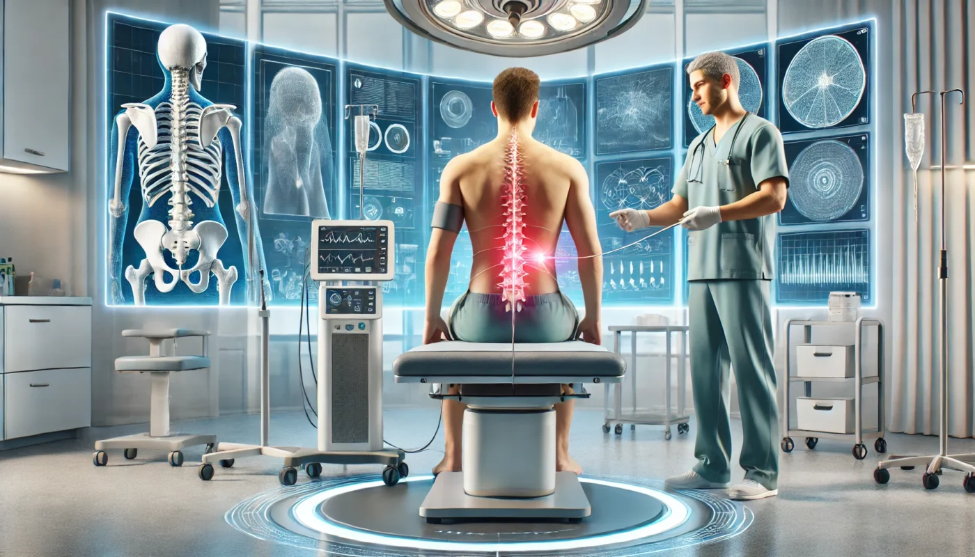 "A patient undergoing a chronic pain medical procedure involving spinal cord stimulation in a modern treatment room, with a healthcare professional preparing advanced equipment for personalized care."