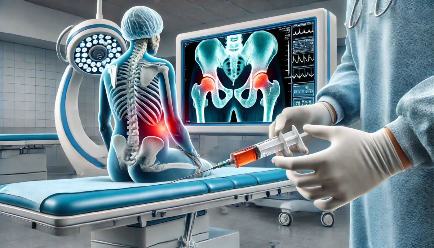 "A patient undergoing a chronic pain medical procedure with a nerve block injection for post-surgical hip pain relief in a modern medical facility, guided by imaging technology for accuracy and patient-centered care."