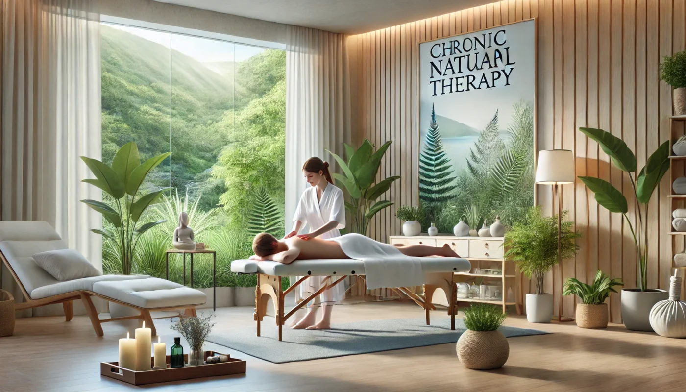 "A serene natural therapy setting featuring a patient undergoing a chronic pain medical procedure through massage therapy in a tranquil room with soft natural lighting, indoor plants, and soothing decor. The professional therapist is carefully applying treatment, emphasizing holistic healing and comfort in a calm and wellness-focused environment."