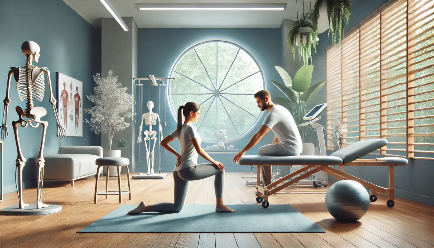 Here is an image featuring a serene physical therapy environment, focusing on a patient engaging in a stretching exercise under the guidance of a therapist. It emphasizes wellness, recovery, and a calming atmosphere.