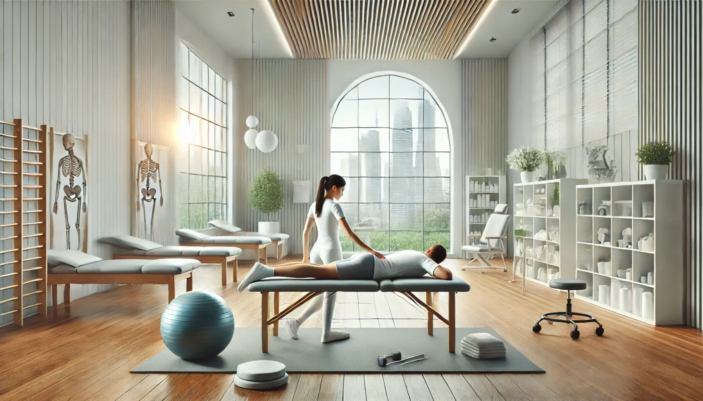 "Modern physical therapy clinic for chronic pain management, featuring natural light, state-of-the-art equipment, and a professional therapist assisting a patient with a back-stretching exercise. Highlights a holistic approach to chronic pain medical procedures."