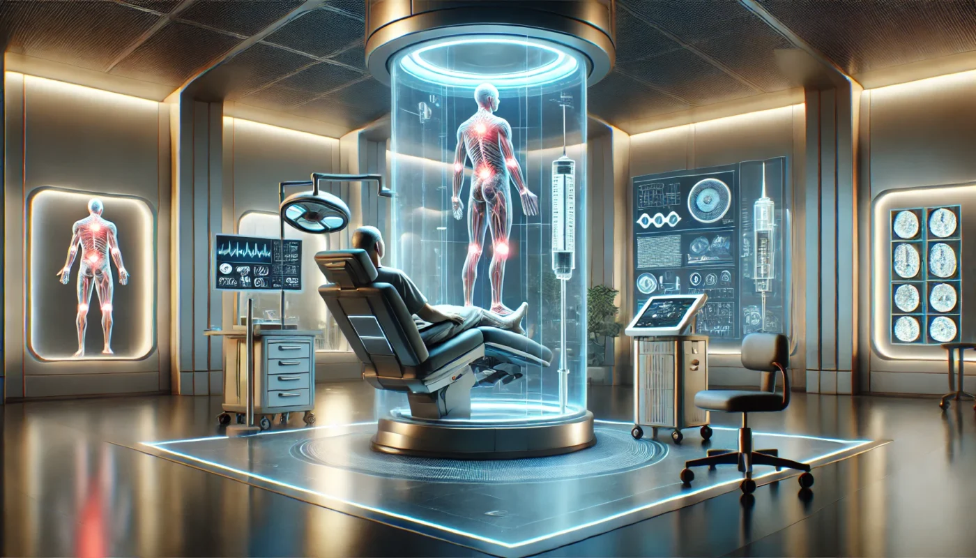 A widescreen digital illustration showcasing a futuristic medical facility specializing in chronic pain management. The scene depicts a patient undergoing platelet-rich plasma (PRP) therapy in a sleek, high-tech treatment room equipped with advanced medical devices and ergonomic design. A holographic display in the background visualizes the patient’s progress, emphasizing cutting-edge, innovative approaches to pain relief.