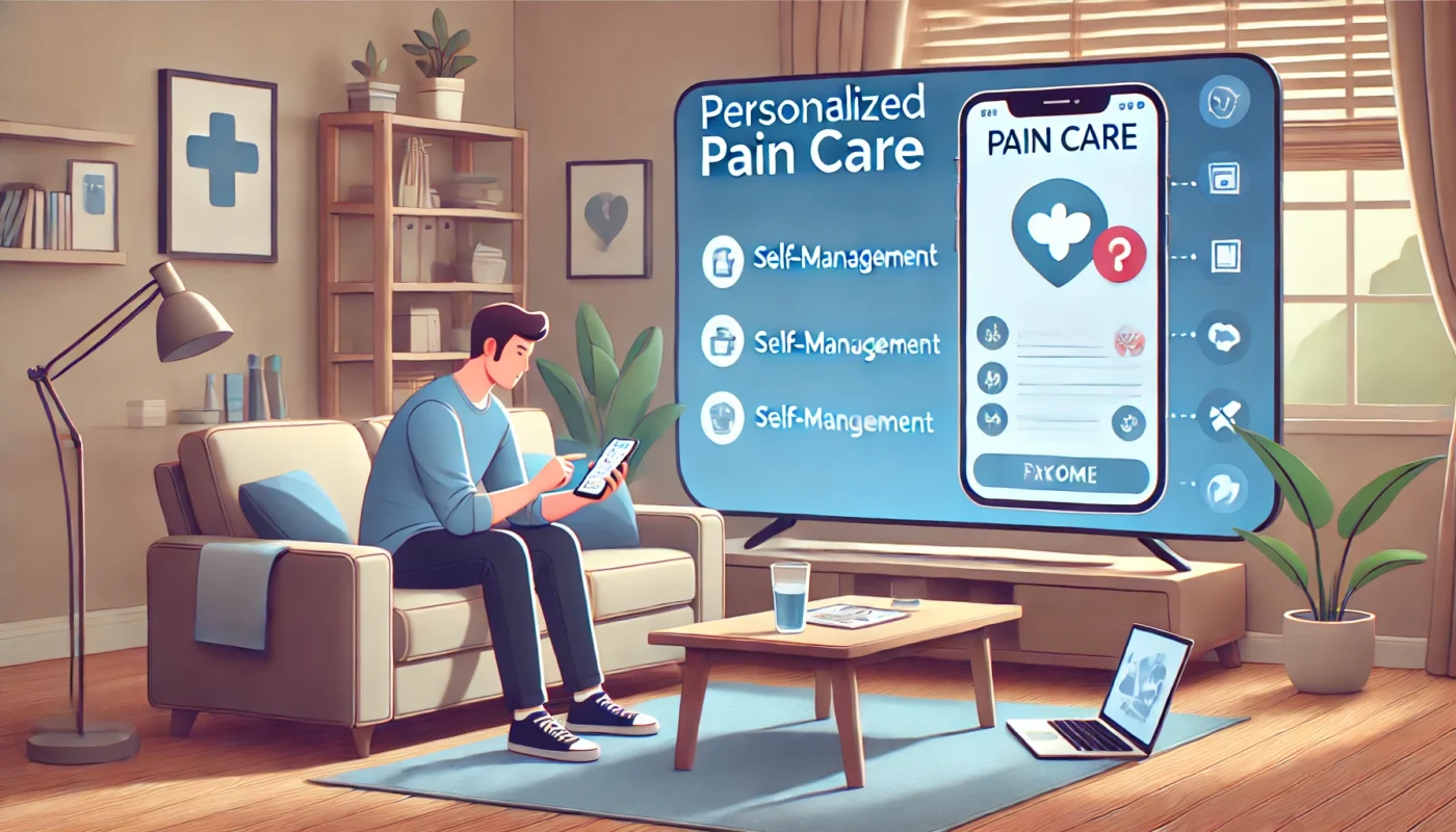 "A patient in a cozy home setting using a mobile app to manage their personalized pain care plan, emphasizing self-management and the integration of technology in pain management."