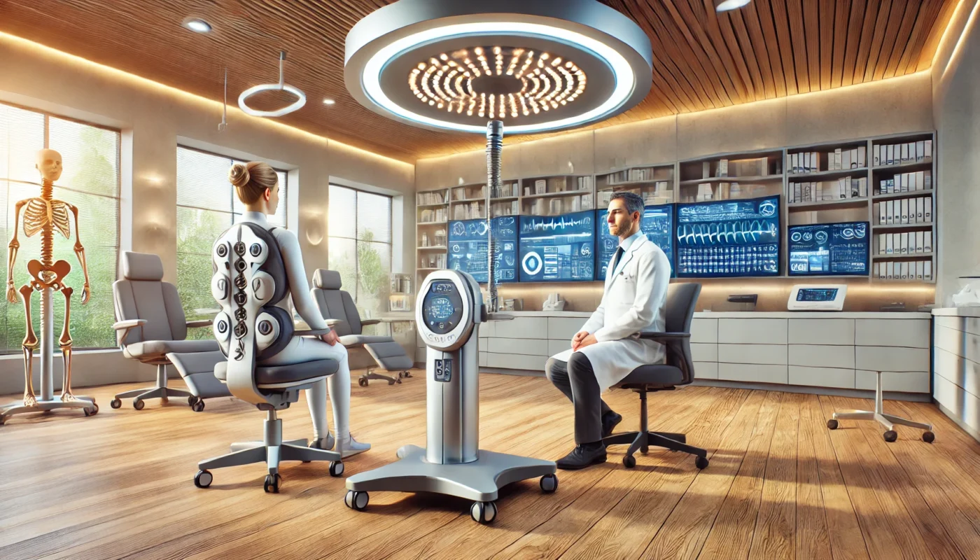 "A widescreen digital illustration of a serene and modern medical facility specializing in chronic pain management. The setting features advanced medical equipment, a comfortable patient consultation room with a high-tech spinal cord stimulator device being explained by a healthcare professional to a patient. The environment conveys innovation, professionalism, and patient-centered care."