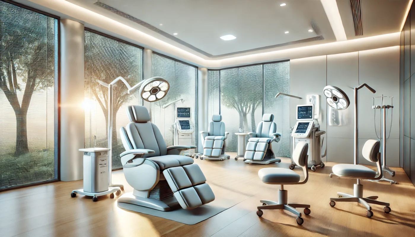 "A wide digital illustration of a modern and serene medical facility designed for chronic pain medical procedures, featuring advanced medical equipment, ambient lighting, and a calming nature view through large windows."