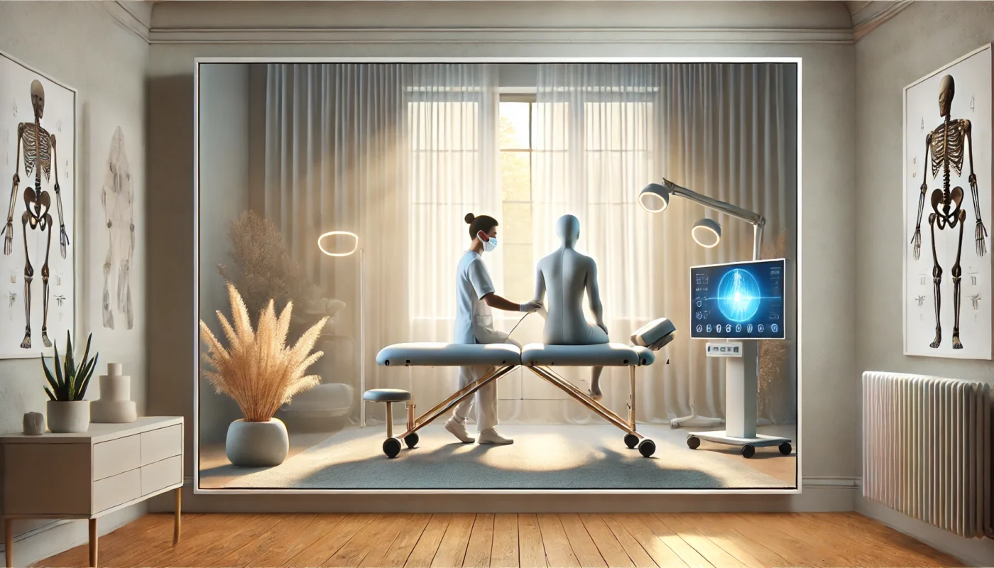 "A pain therapist performing advanced treatment on a patient in a high-tech therapy clinic. The modern setting features a sleek digital interface displaying spinal diagnostics, soft ambient lighting, and anatomical charts, creating a futuristic and professional healthcare environment for pain relief and rehabilitation."