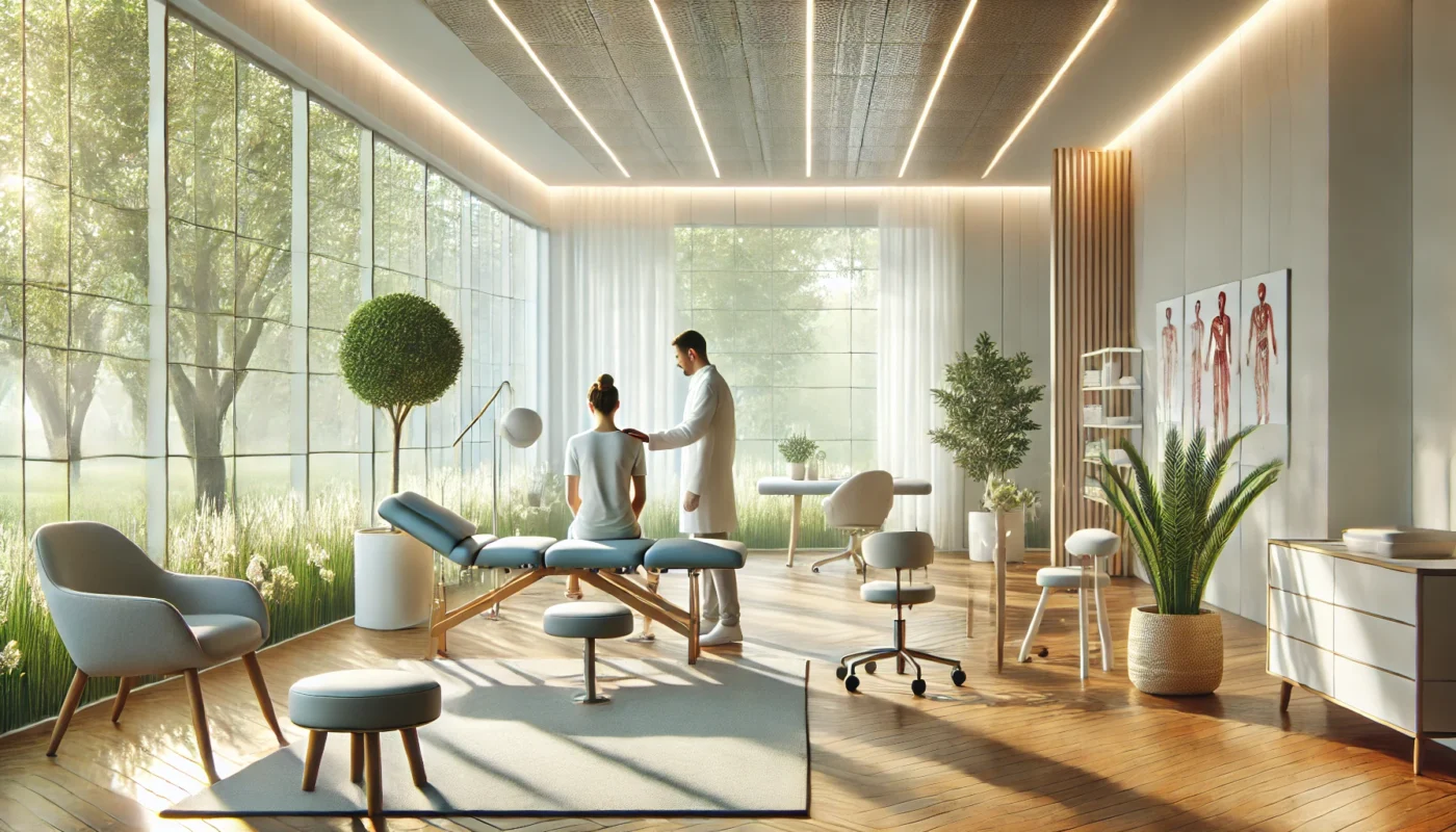 "A modern, well-lit pain therapy clinic with large floor-to-ceiling windows overlooking a lush green landscape. A professional pain therapist in a white coat is seen gently assisting a patient sitting on a treatment table. The clinic features ergonomic furniture, anatomical charts on the wall, and indoor plants, creating a calming and therapeutic environment for pain management and rehabilitation."