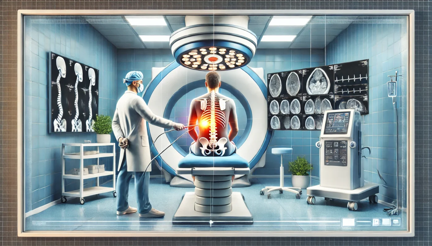  "A patient receiving radiofrequency ablation (RFA) for chronic pain management in a sterile, modern treatment room, with a healthcare professional using advanced imaging equipment for precision and care."