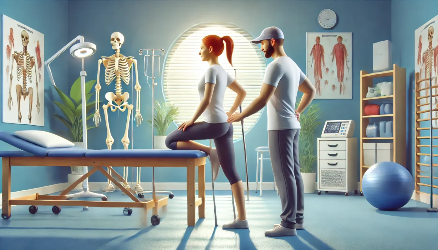 "A patient receiving physical therapy for chronic pain management after hip surgery in a bright therapy room, guided by a professional with modern rehabilitation equipment, emphasizing recovery and personalized care."