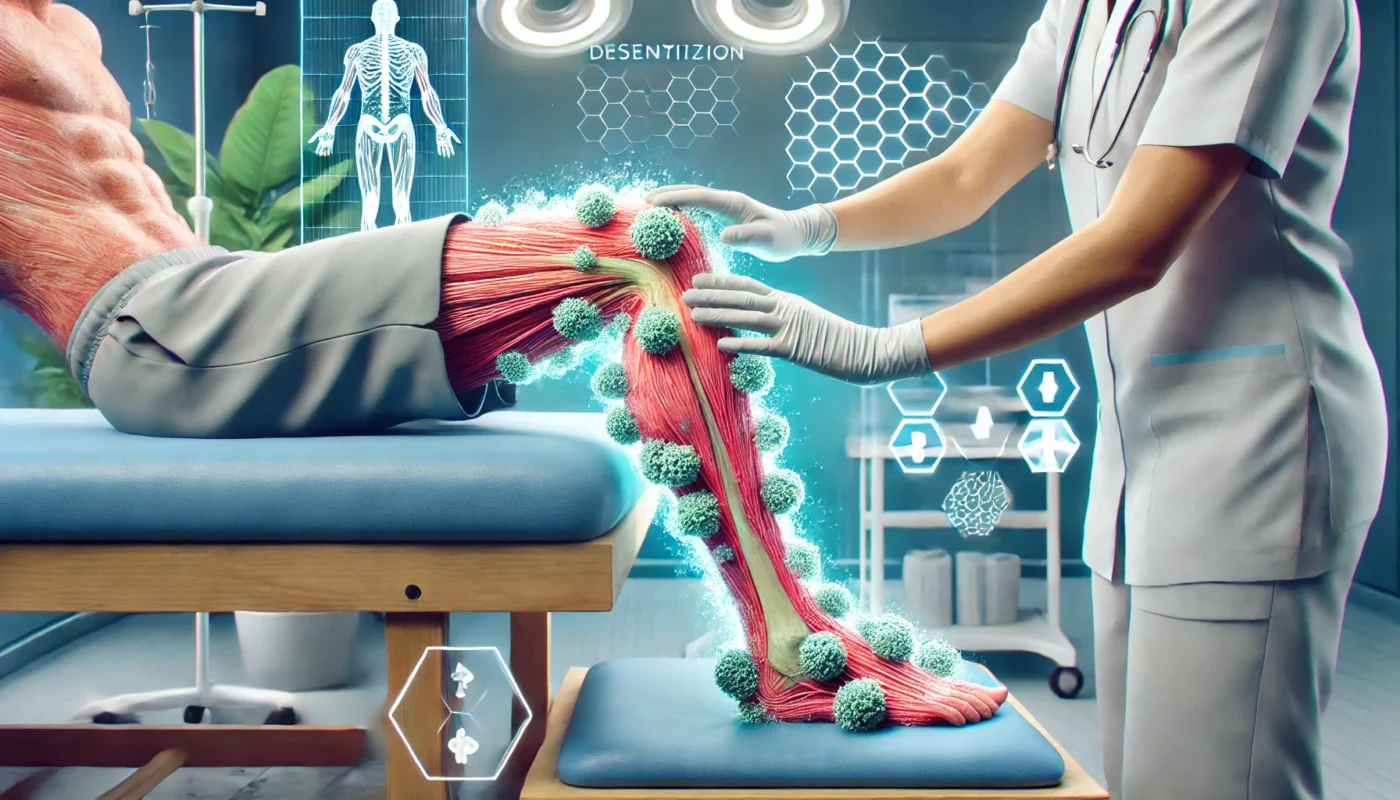 "A patient undergoing advanced desensitization therapy for CRPS, with a healthcare professional using textured materials on the affected limb in a modern, brightly lit clinical setting, emphasizing comfort and innovative care."