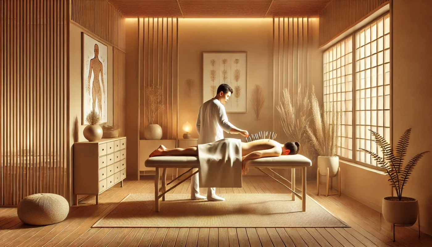  "A serene natural therapy setting with a patient receiving acupuncture treatment for chronic pain management. The minimalist room features warm natural lighting, soft earth tones, indoor plants, and a gentle water feature, creating a calming atmosphere."