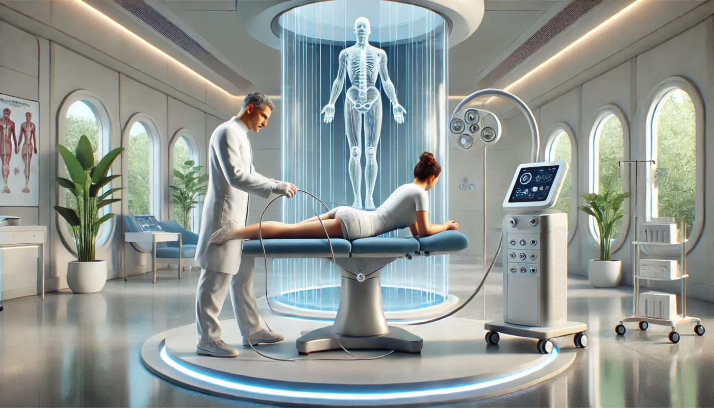 "An advanced chronic pain medical procedure depicted in a modern, serene treatment room with futuristic equipment. A healthcare professional administers TENS therapy to a relaxed patient, emphasizing innovative and compassionate care."