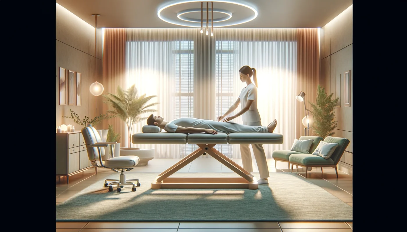 "A professional pain therapist performing a therapeutic treatment on a patient in a serene wellness clinic. The modern and tranquil setting features soft ambient lighting, natural decor, and a relaxing atmosphere, emphasizing holistic healing and pain relief."