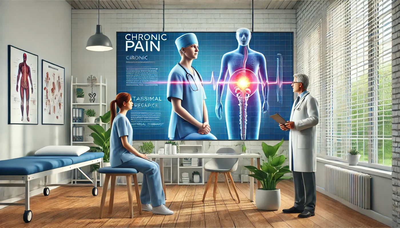 "A patient consulting with a multidisciplinary healthcare team, including a doctor, nurse, and physical therapist, about a chronic pain medical procedure in a modern clinical setting, highlighting collaboration and patient-centered care."