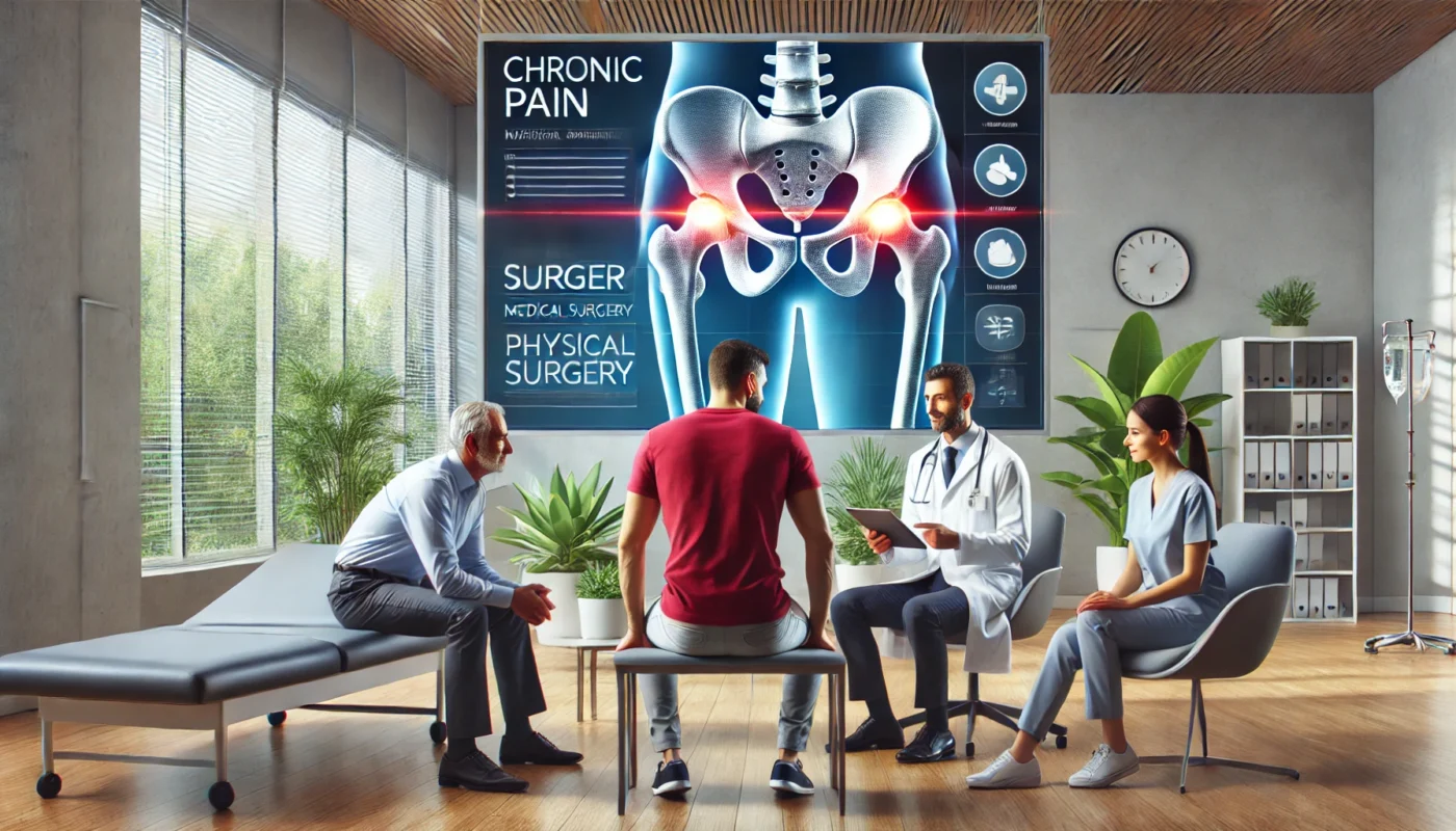 "A patient consulting with a healthcare team, including a doctor and a physical therapist, about a chronic pain medical procedure after hip surgery in a modern medical office, emphasizing collaboration and personalized care."