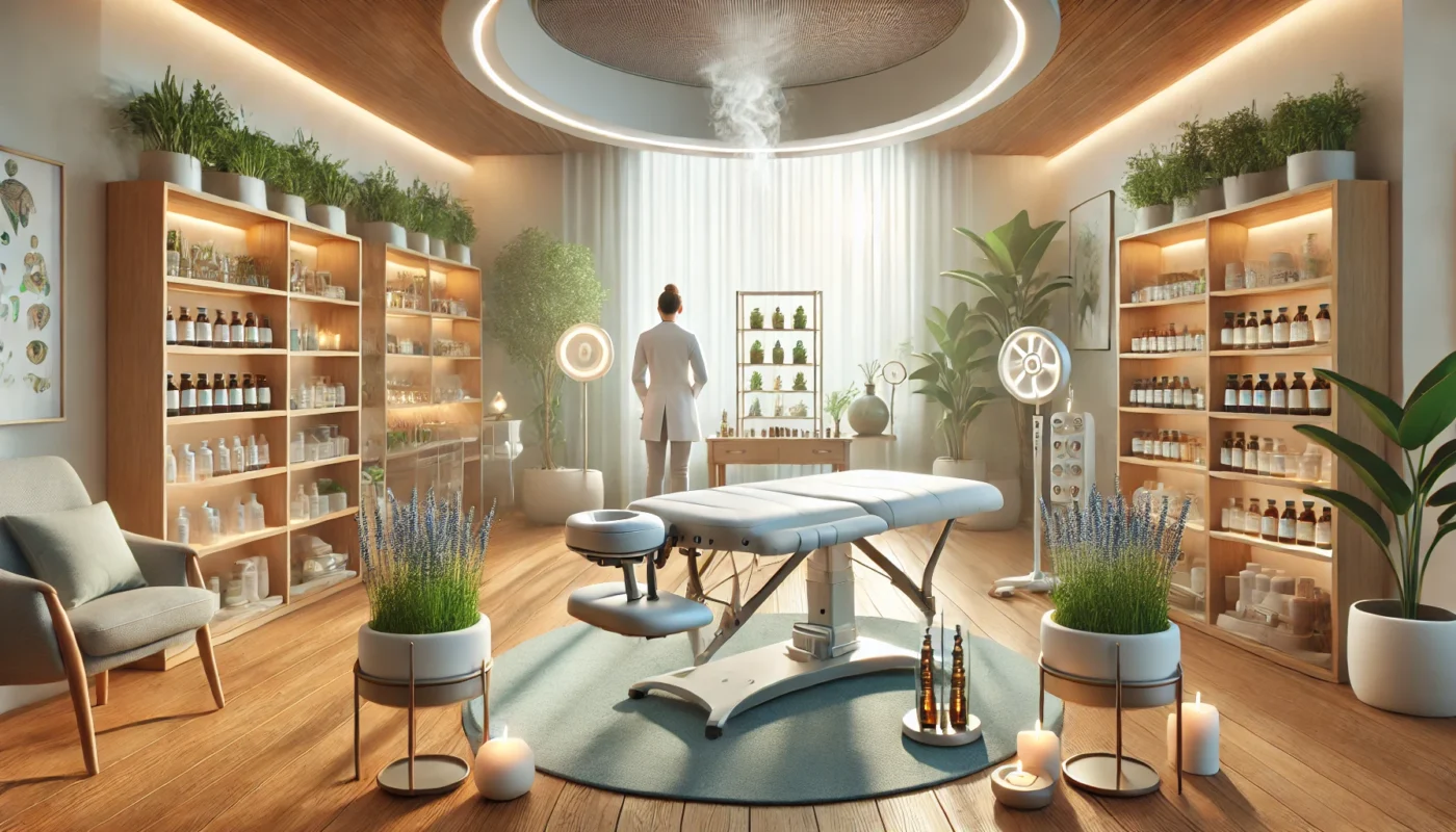 "Holistic wellness clinic interior designed for chronic pain medical procedures, featuring natural lighting, ergonomic therapy bed, aromatherapy diffusers, herbal remedies, and calming greenery for a tranquil and professional setting."