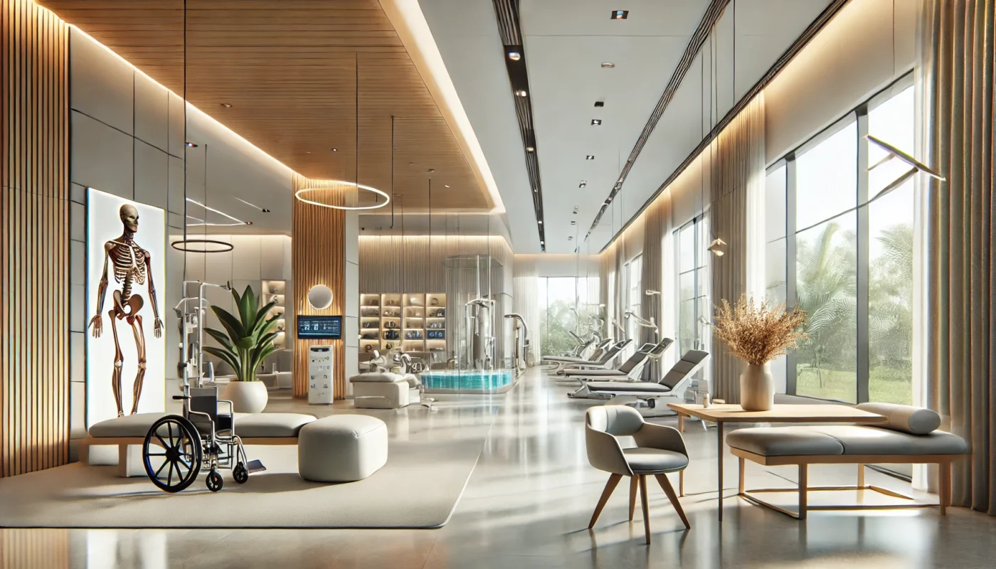 "A serene digital illustration of a modern physical therapy clinic for chronic pain treatment, featuring contemporary design, natural lighting through large windows, a hydrotherapy pool, open rehabilitation areas, and indoor plants for a calming atmosphere."