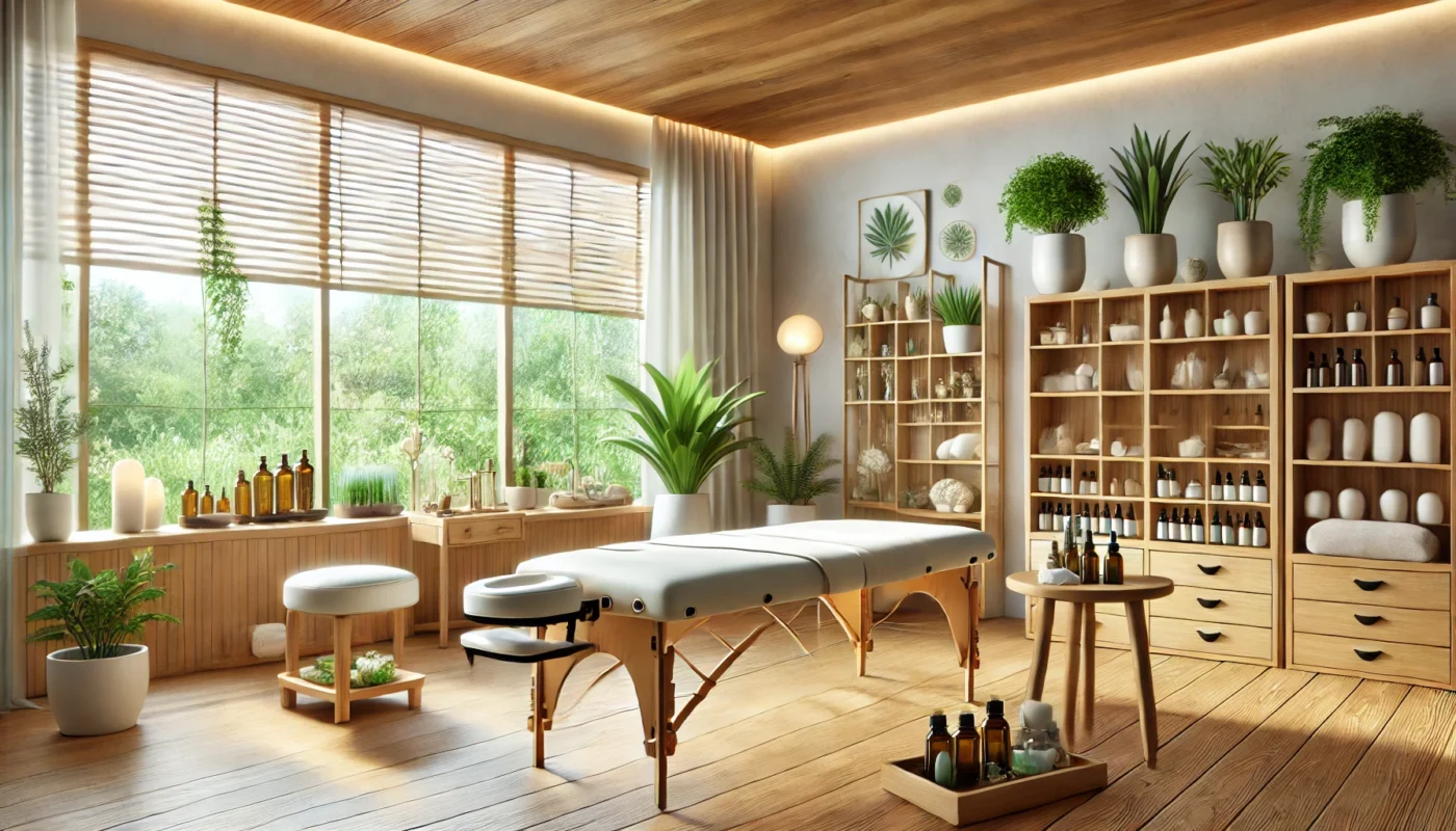 "A serene natural therapy room for chronic pain medical procedures, featuring natural wood furniture, a comfortable massage bed, large windows with soft natural light, potted green plants, and herbal remedies on display, creating a calm and professional ambiance."