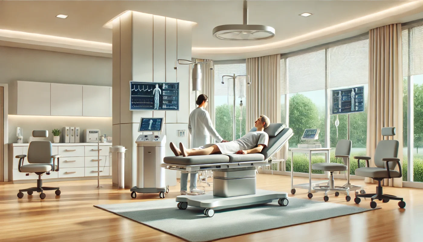  "A serene, widescreen digital illustration of a modern chronic pain treatment center, showcasing an advanced medical procedure in a bright and calming environment, emphasizing comfort and state-of-the-art care."