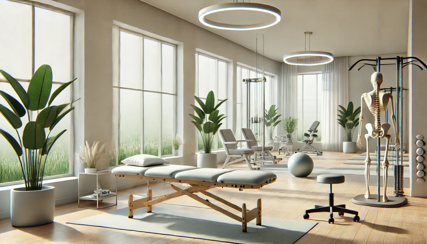 Here is an image featuring a serene and minimalist physiotherapy center designed for chronic pain relief, featuring spacious interiors, adjustable therapy tables, and a calming environment. 