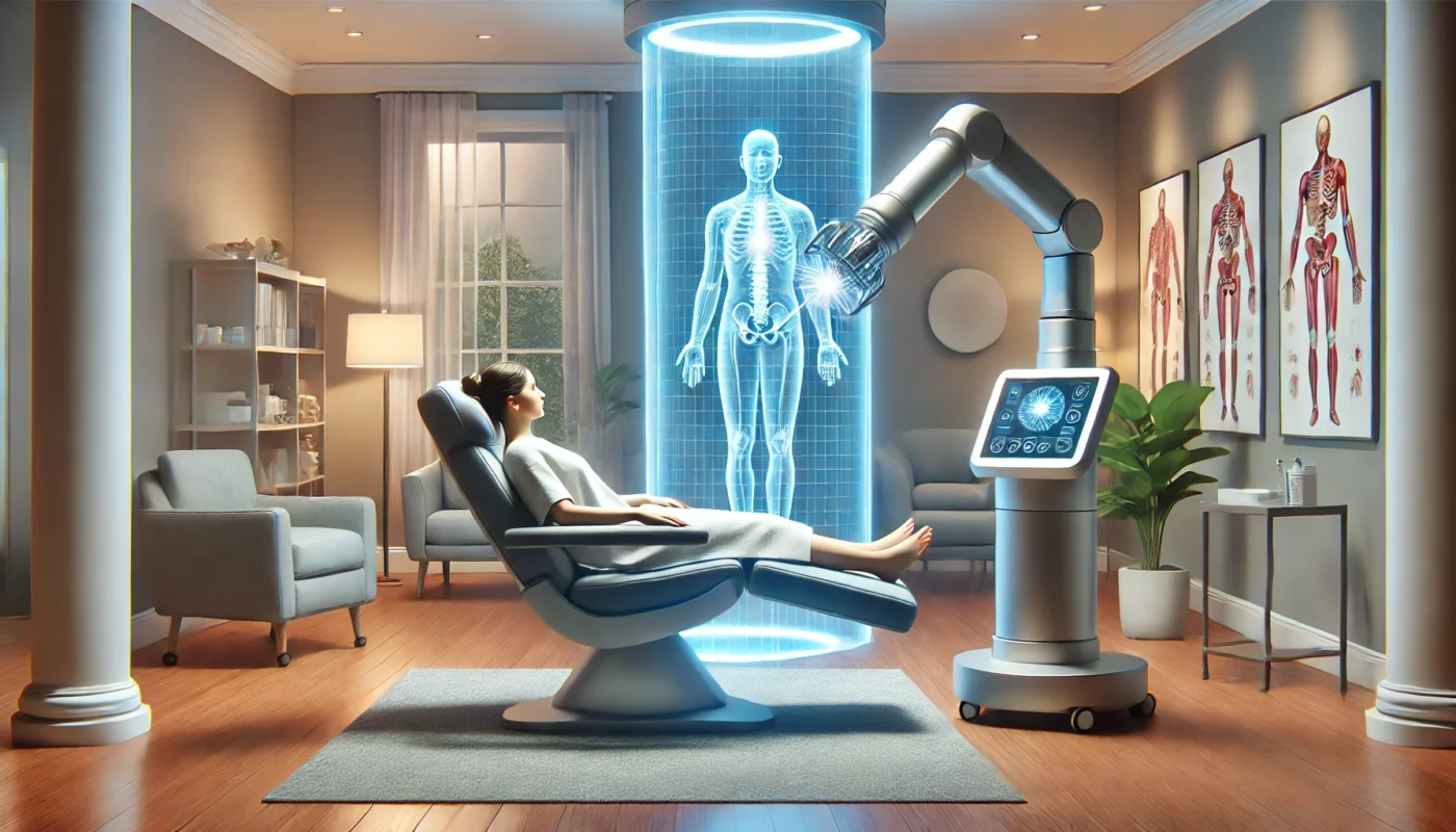 "A widescreen digital illustration of an advanced chronic pain medical procedure in a serene, modern clinic. The image features a patient in a reclining chair receiving treatment with a futuristic robotic device emitting soft blue light, set against a backdrop of minimalistic decor, ambient lighting, and lush green plants."