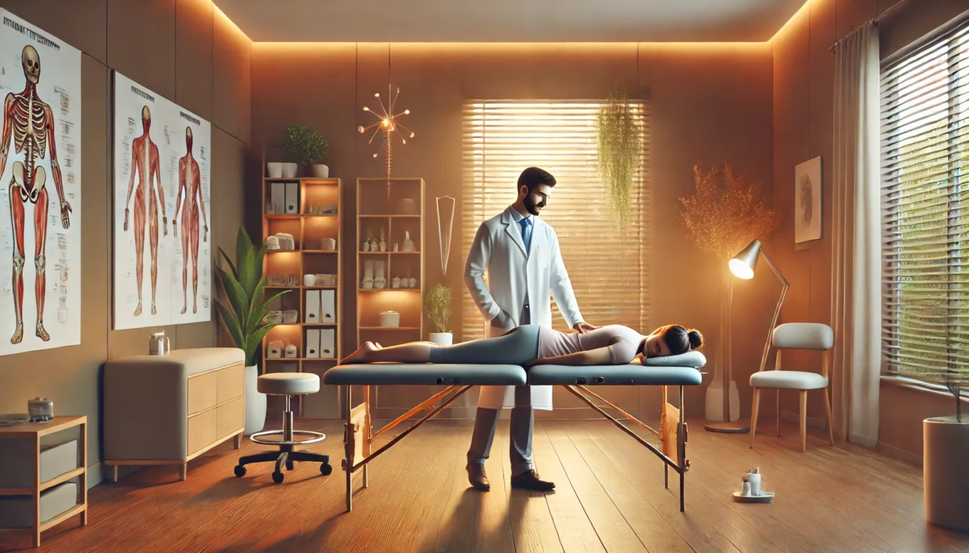 "A professional pain therapist in a white coat performing a therapeutic assessment on a patient lying face-down on a treatment table in a serene clinic. The modern wellness space is warmly lit, featuring anatomical charts, wooden furnishings, lush greenery, and neatly arranged medical files. A calming ambiance is created by soft lighting, earthy tones, and an organized therapeutic setting designed for holistic pain relief and rehabilitation."