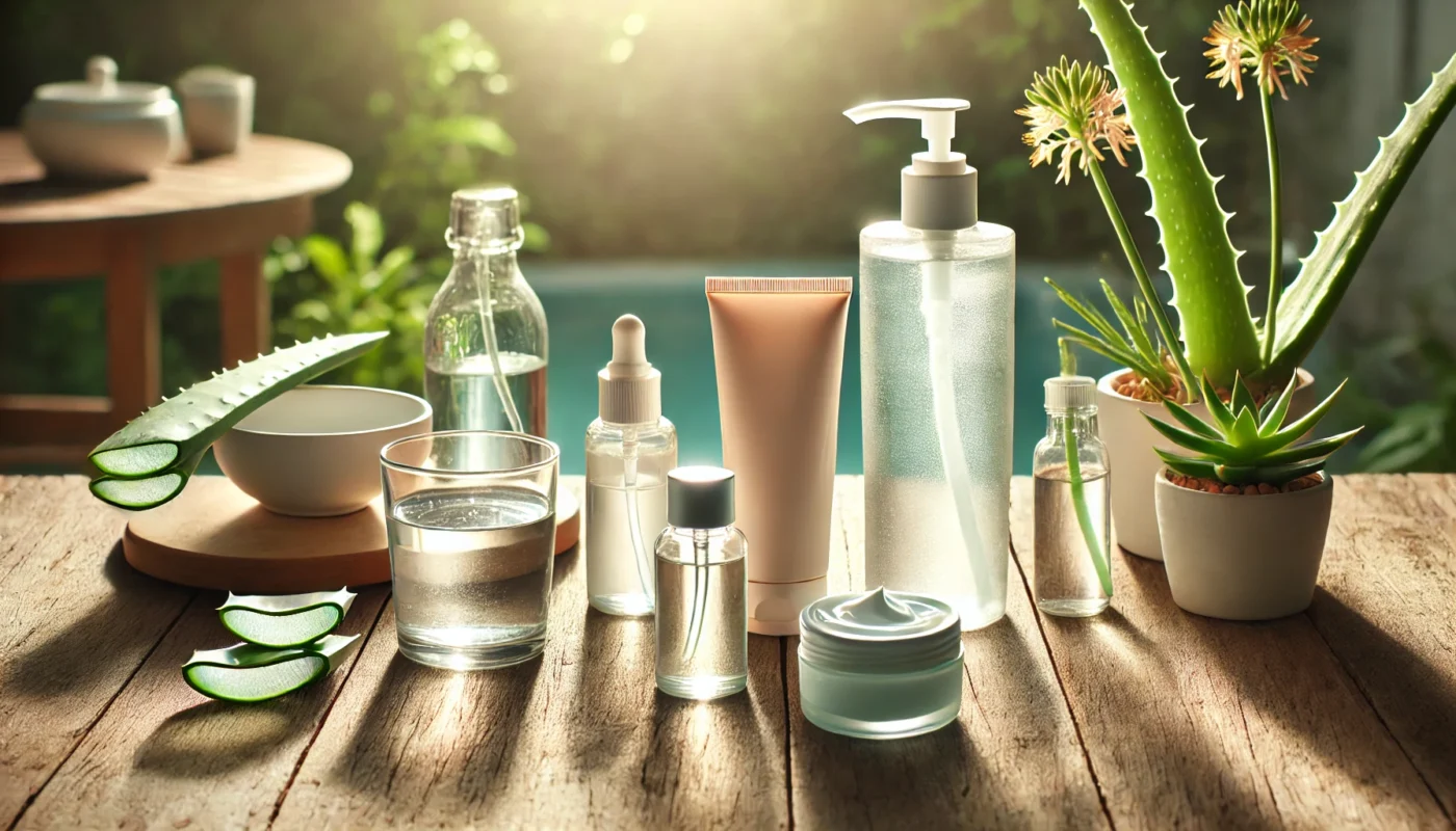 A minimalistic outdoor setup with water-based sunblock bottles and tubes on a wooden table, surrounded by fresh aloe vera leaves, a glass of water, and soft morning sunlight, emphasizing the hydrating benefits for facial care.