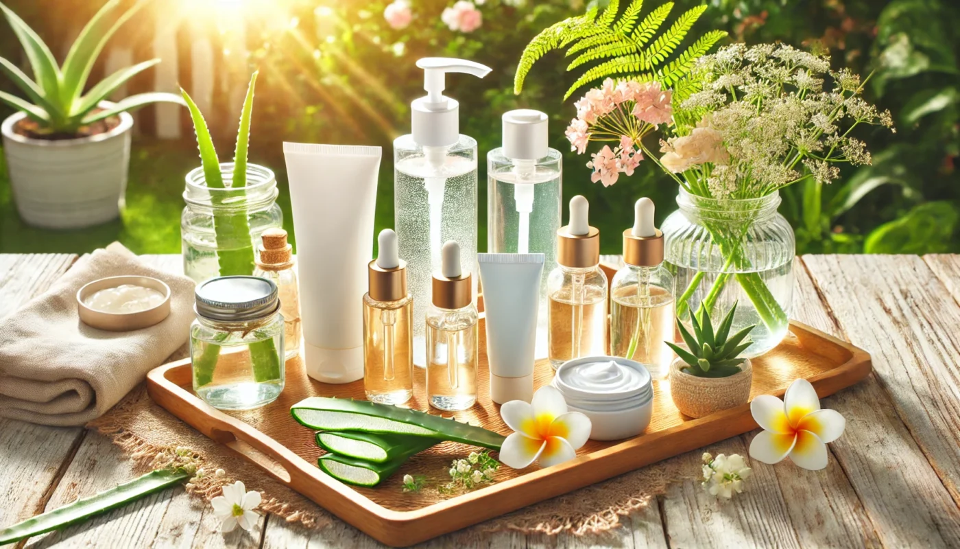 A bright and refreshing outdoor setup featuring water-based sunblock bottles and tubes on a wooden tray, surrounded by aloe vera slices, small glass jars, fresh flowers, and natural sunlight, emphasizing the hydrating and lightweight benefits for facial skincare.