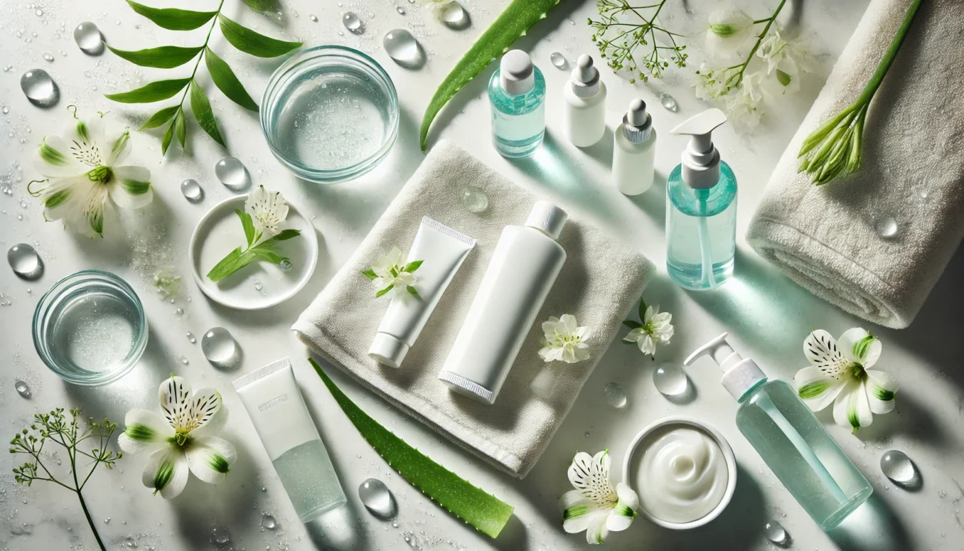 A serene flat lay showcasing water-based sunblock bottles and tubes on a white marble surface, surrounded by small bowls of water, aloe vera leaves, fresh flowers, and a soft towel, emphasizing the lightweight and hydrating benefits for facial skincare.