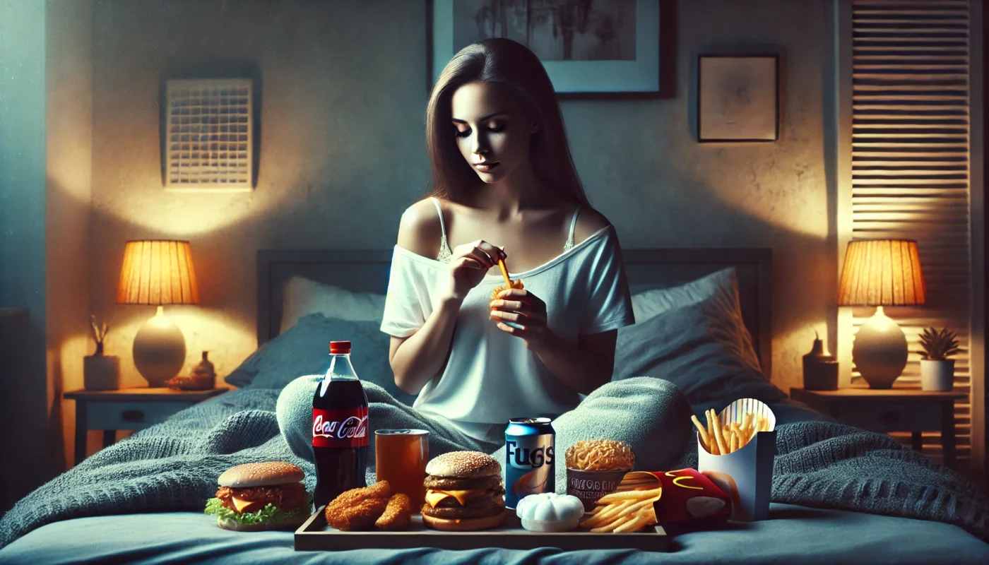  woman sitting on a bed while eating an unhealthy diet