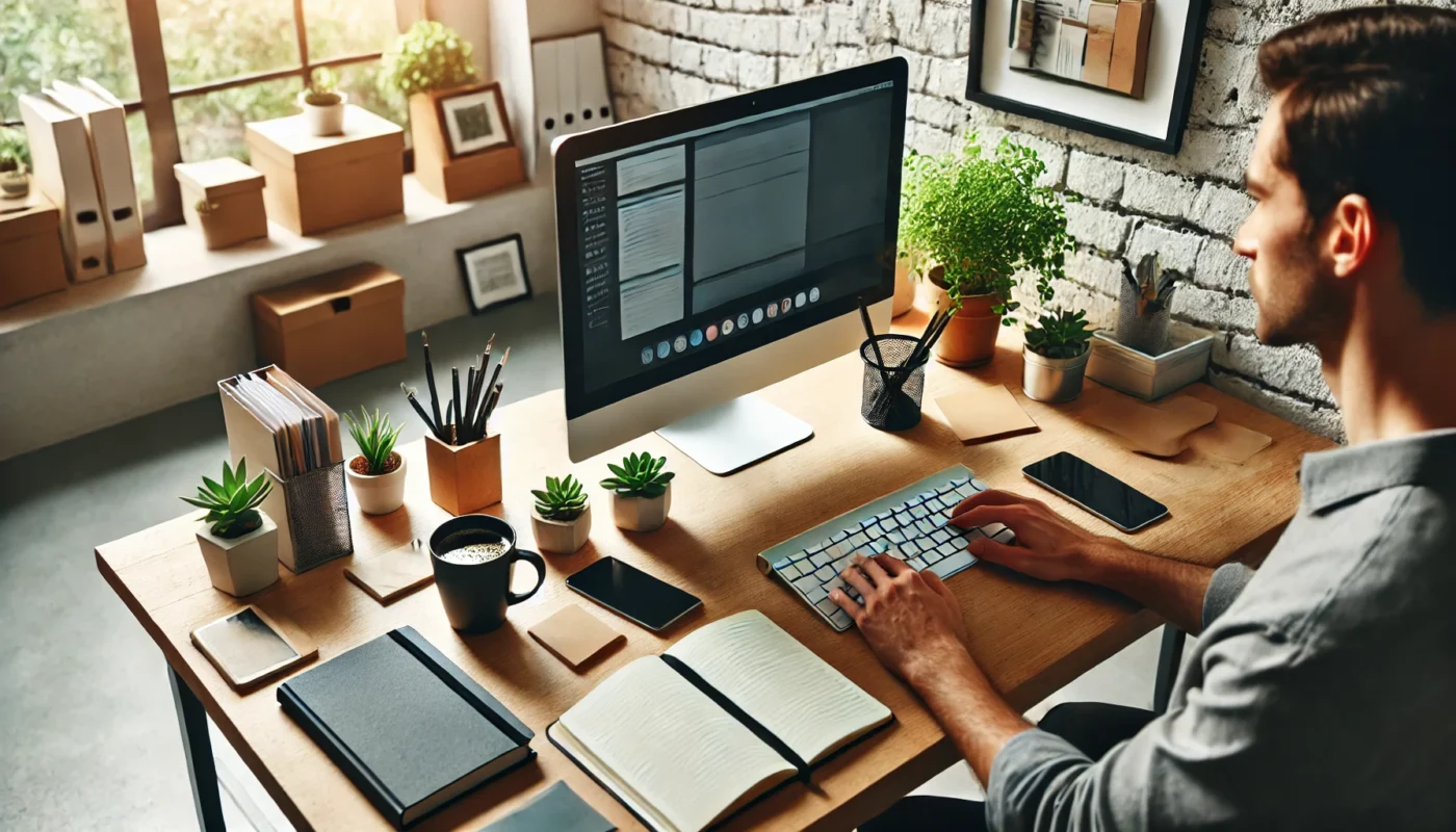 An organized, clutter-free workspace with a person focused on work, highlighting how to focus at work by creating a productive environment