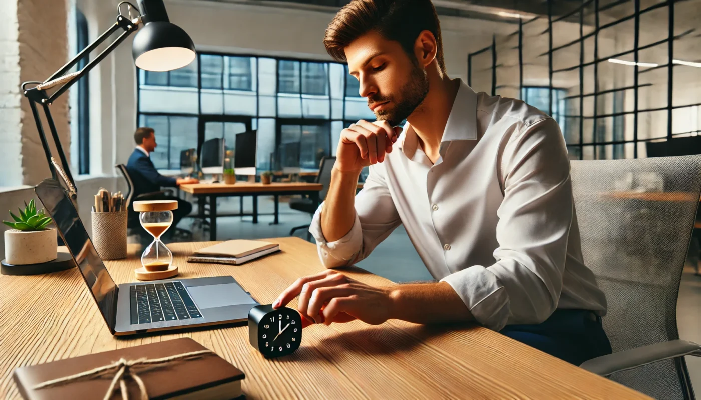 Professional using the Pomodoro Technique to improve focus at work in a clean and motivating office space