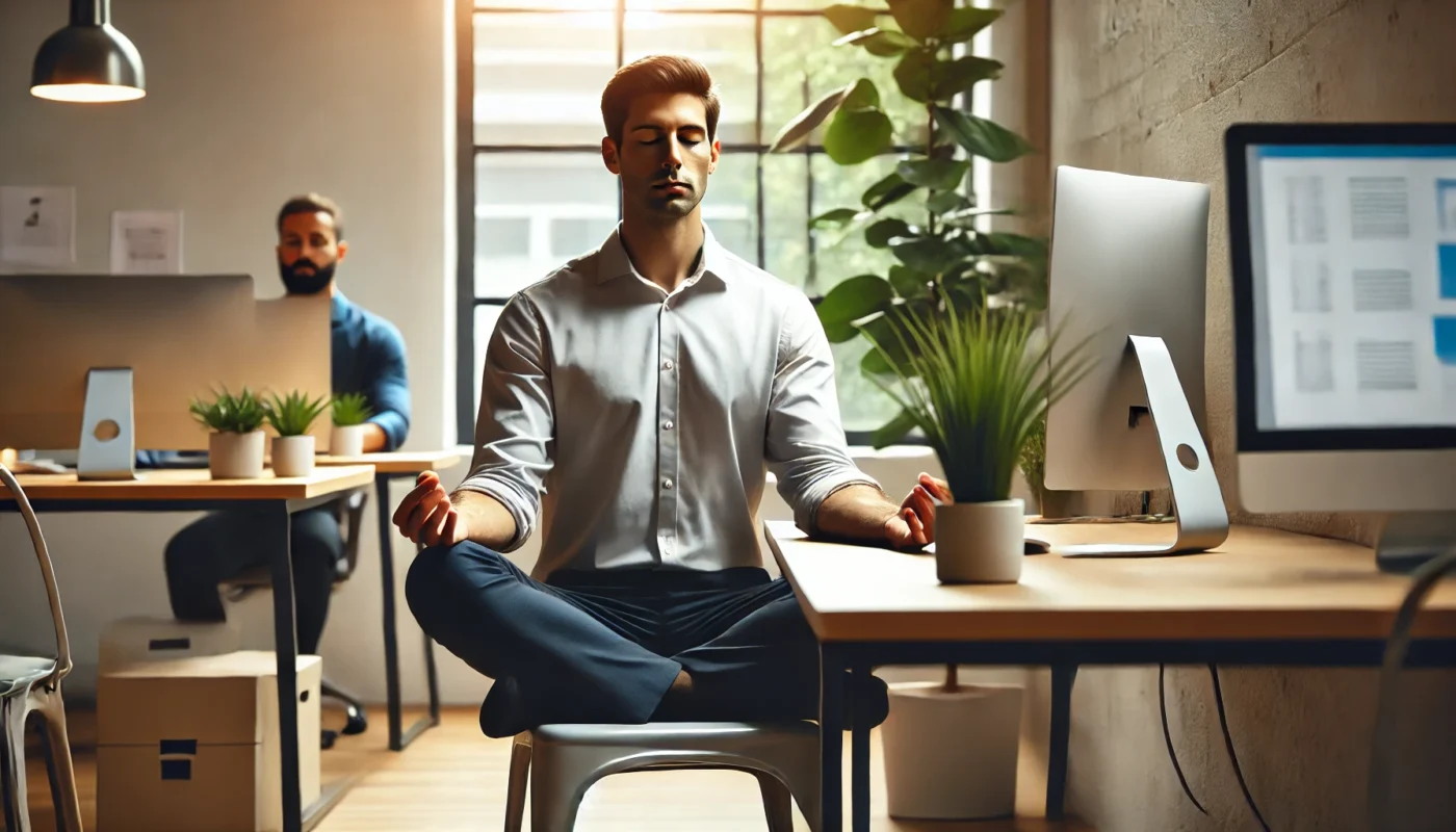 Office worker practicing mindfulness meditation to enhance focus at work in a calm and distraction-free workspace