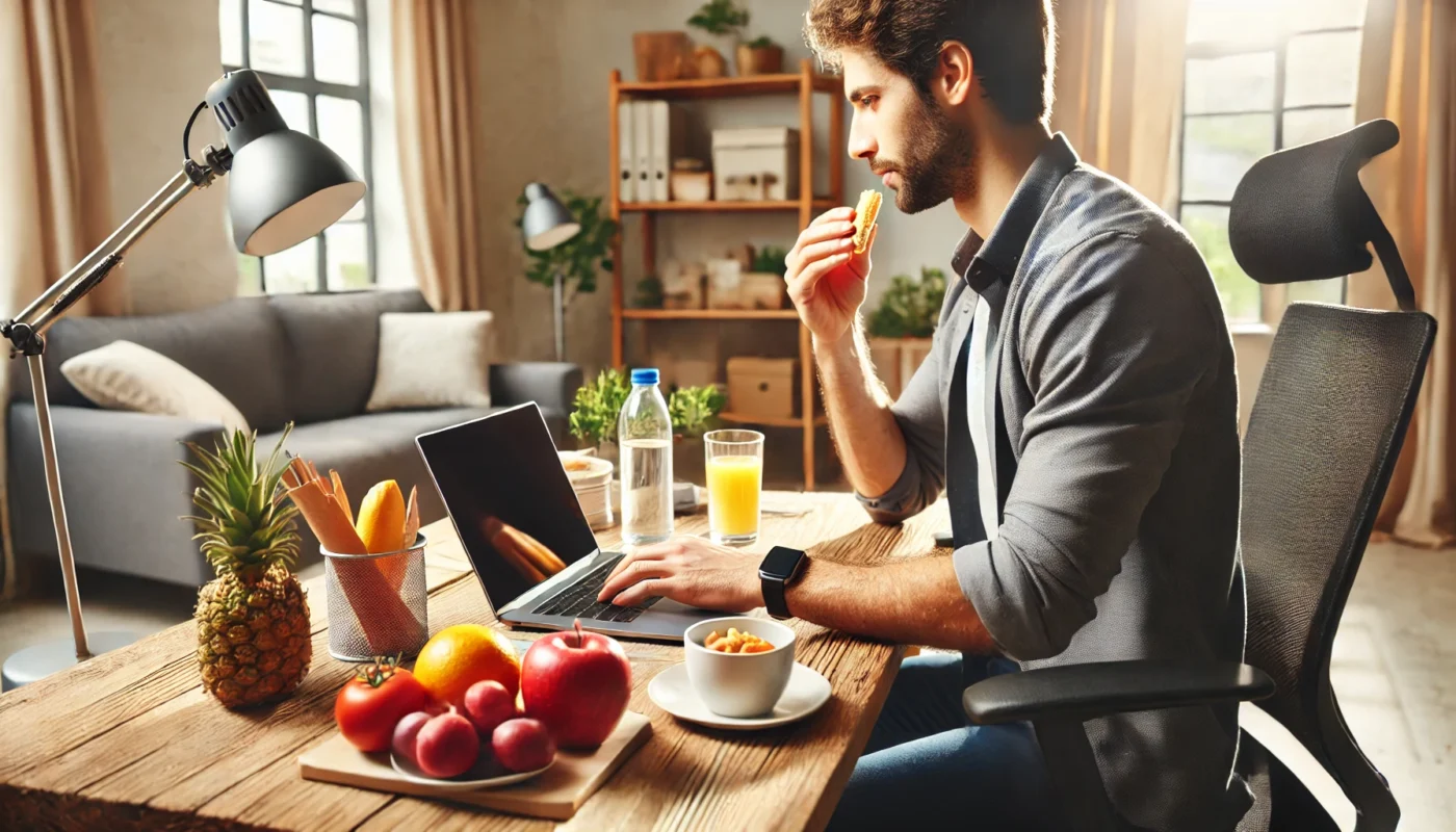 Person maintaining focus at work with a healthy snack and hydration in a well-lit home office setting