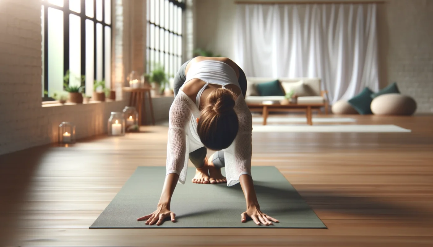 A serene yoga studio setting with a woman practicing a modified downward dog pose, focusing on gently stretching the shoulders. The calming environment includes wooden floors and soft natural light, ideal for relieving shoulder pain