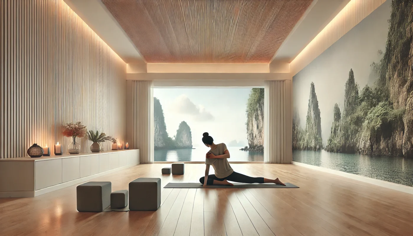 A calming yoga studio environment with a woman practicing a supported fish pose using yoga blocks. The minimalist room has wooden floors, white walls, and soft ambient lighting, enhancing shoulder pain relief.